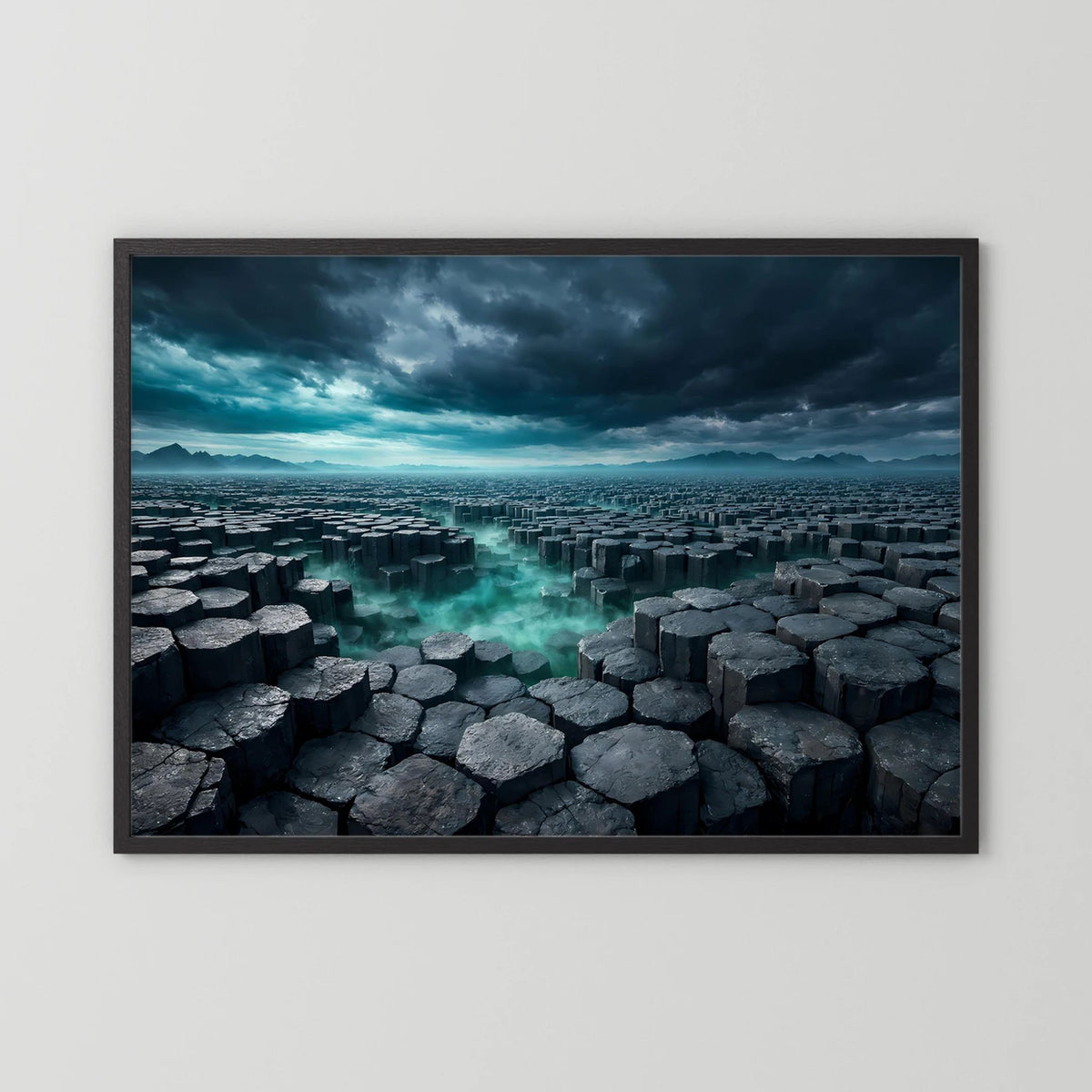 Wandbild im Querformat mit Basaltfelsen und türkisfarbenem Fluss, schwarz gerahmt