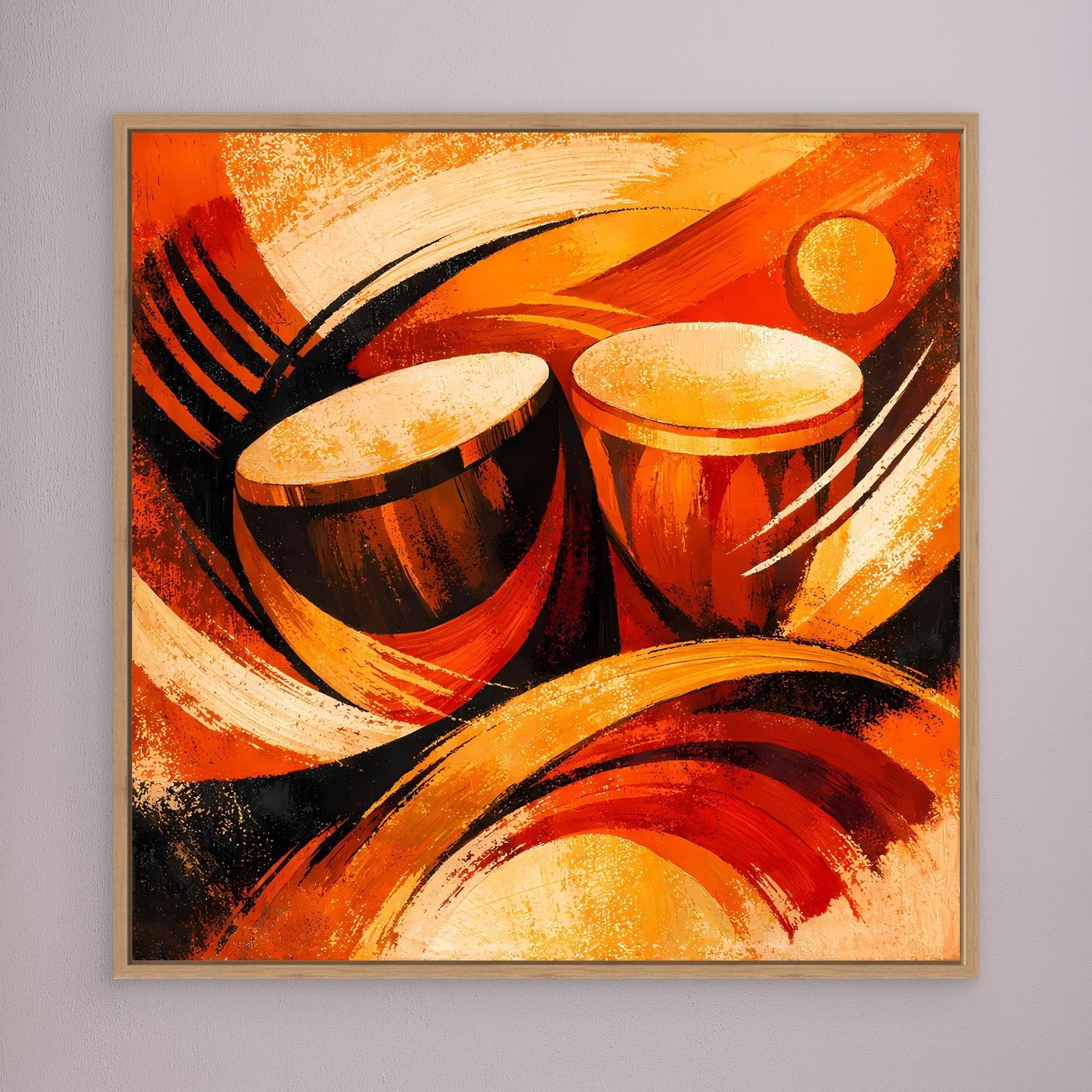 Leinwandbild mit abstrakten Trommeln in warmem Orange und Gelb, goldfarbener Rahmen