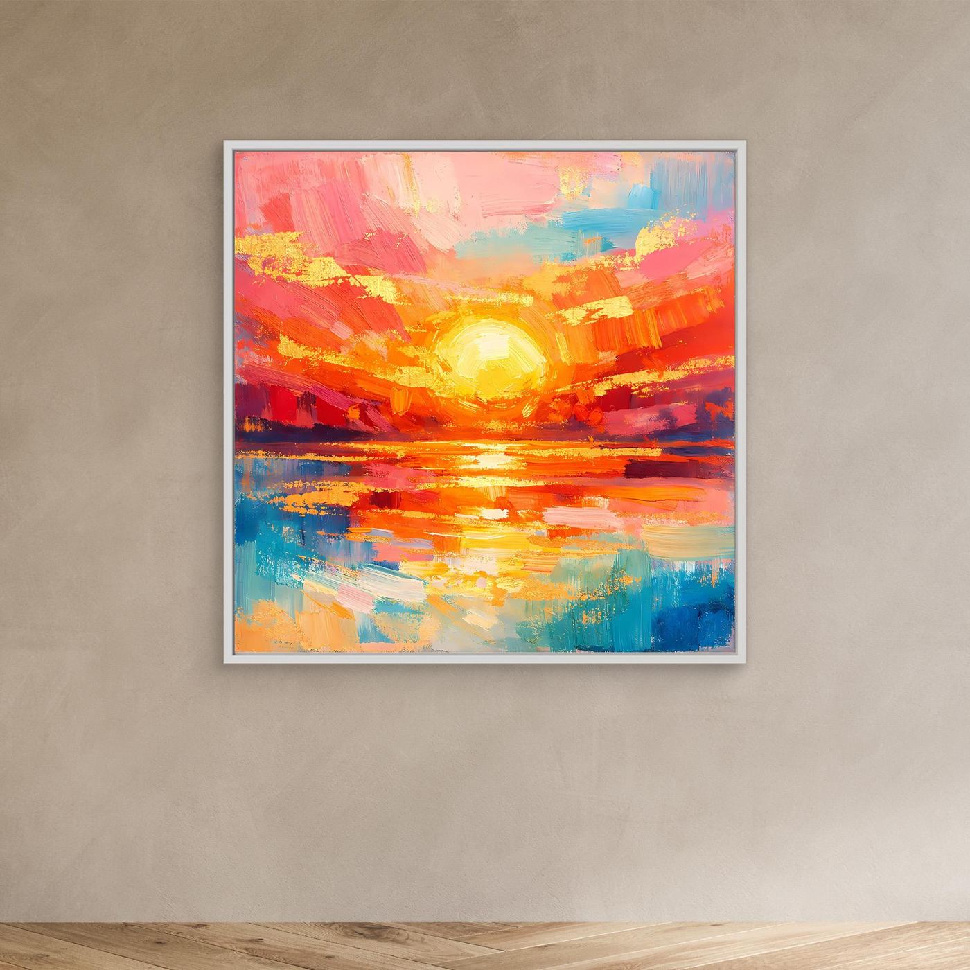 Leinwandbild abstraktes Meer mit aufgehender Sonne, weißer Rahmen, Farbflecken in Blau/Orange