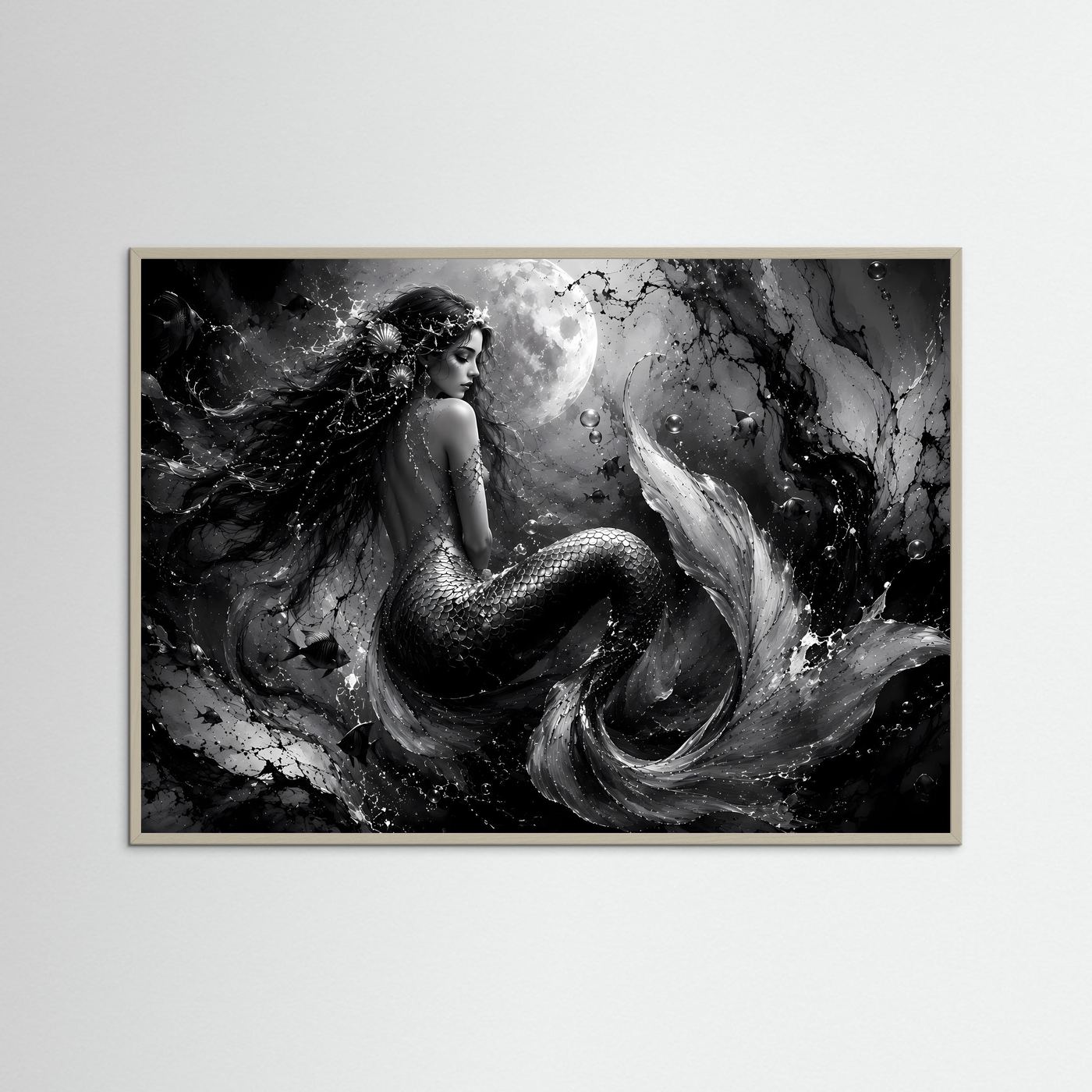 Mystische Meerjungfrau in Schwarz-Weiß | Elegantes Fantasy Poster Querformat