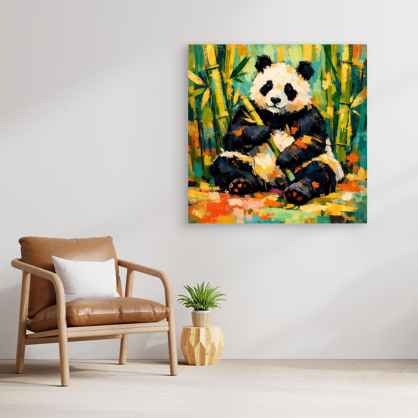 Leinwandbild mit sitzendem Panda im Bambuswald, bunt, abstrakte Farbflächen