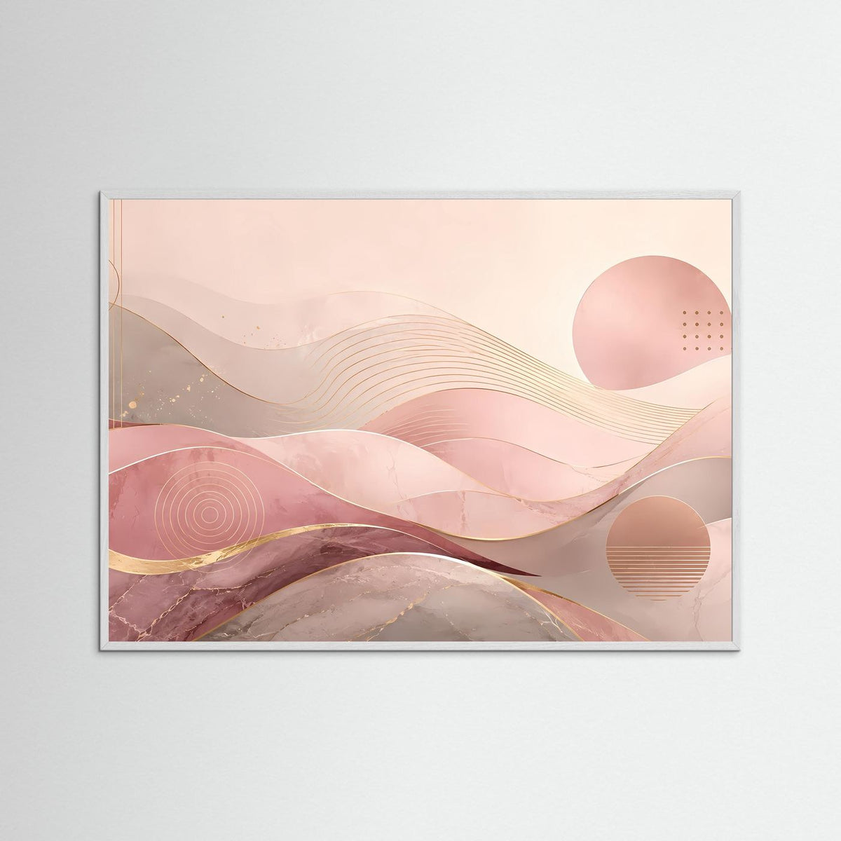 Abstraktes Wellen-Poster querformat mit rosa und Gold in weißem Holzrahmen