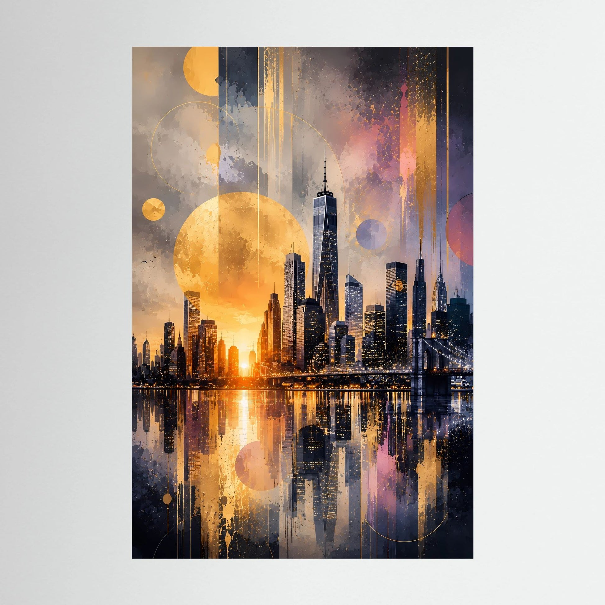 Hochformat-Poster mit abstrakter New-York-Stadtansicht im Goldlicht, Sonnenreflexen und Skyline