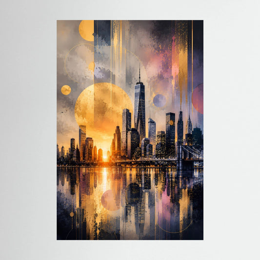 Hochformat-Poster mit abstrakter New-York-Stadtansicht im Goldlicht, Sonnenreflexen und Skyline