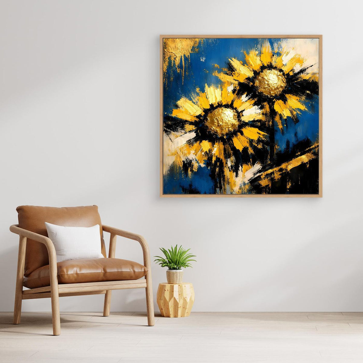 Leinwand-Wandbild mit abstrakten Sonnenblumen in Blau und Gelb im Eichenrahmen