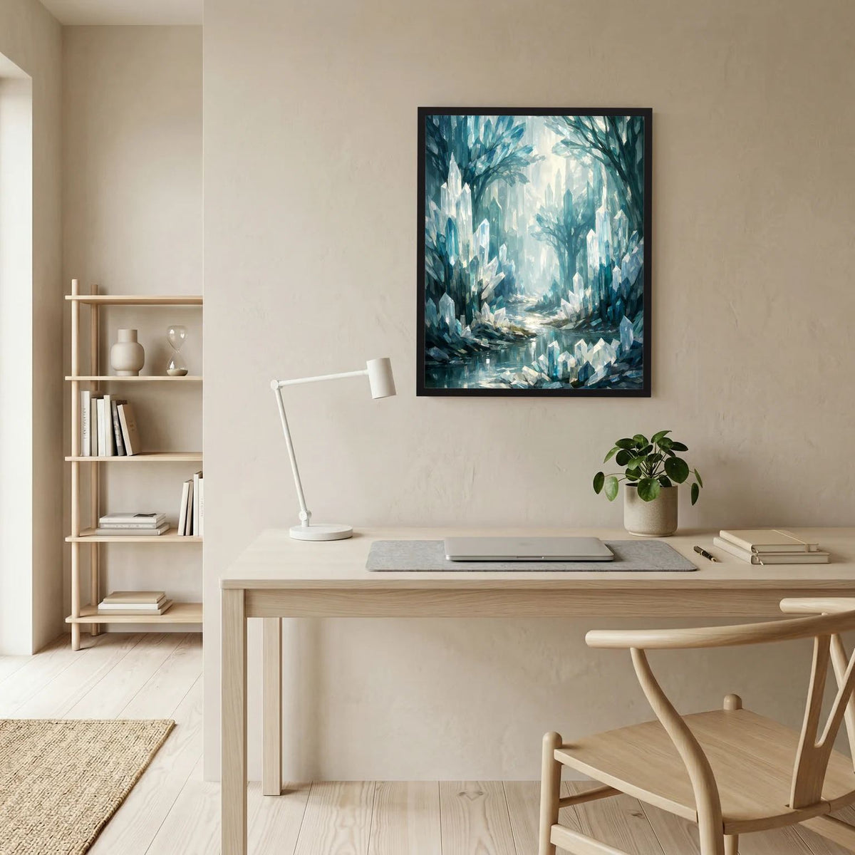 Quadratisches Wandbild mit blauem Kristallwald und leuchtenden Kristallen im dunklen Rahmen