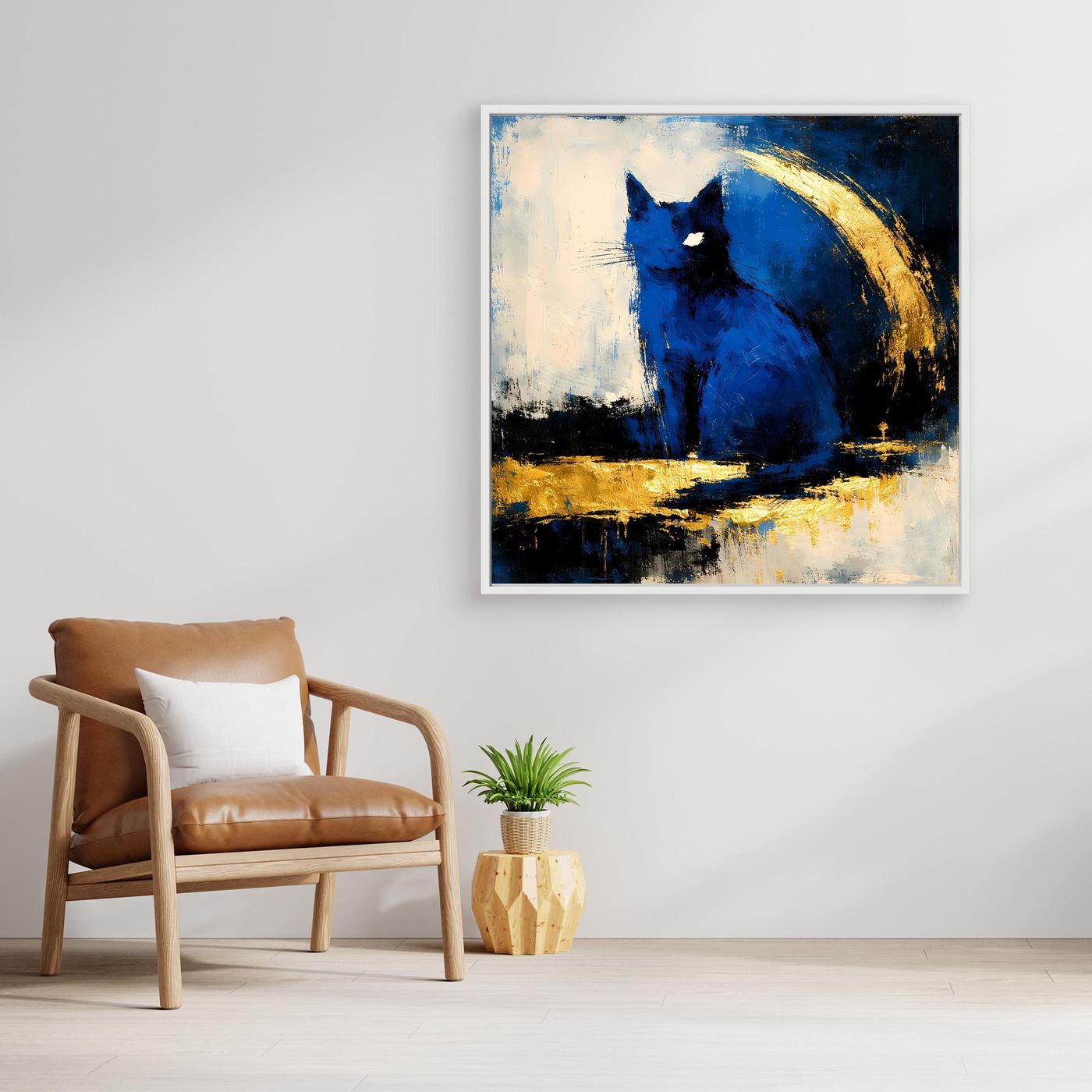Gerahmtes Leinwandbild mit blauem Elefantenmotiv und goldenen Streifen auf hellem Grund