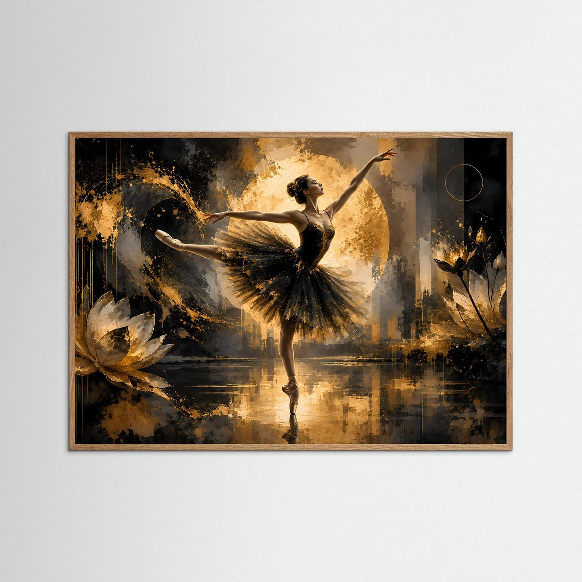 Tanzposter mit tanzender Ballerina in Schwarz und Gold, Querformat, dunkler Eichenrahmen