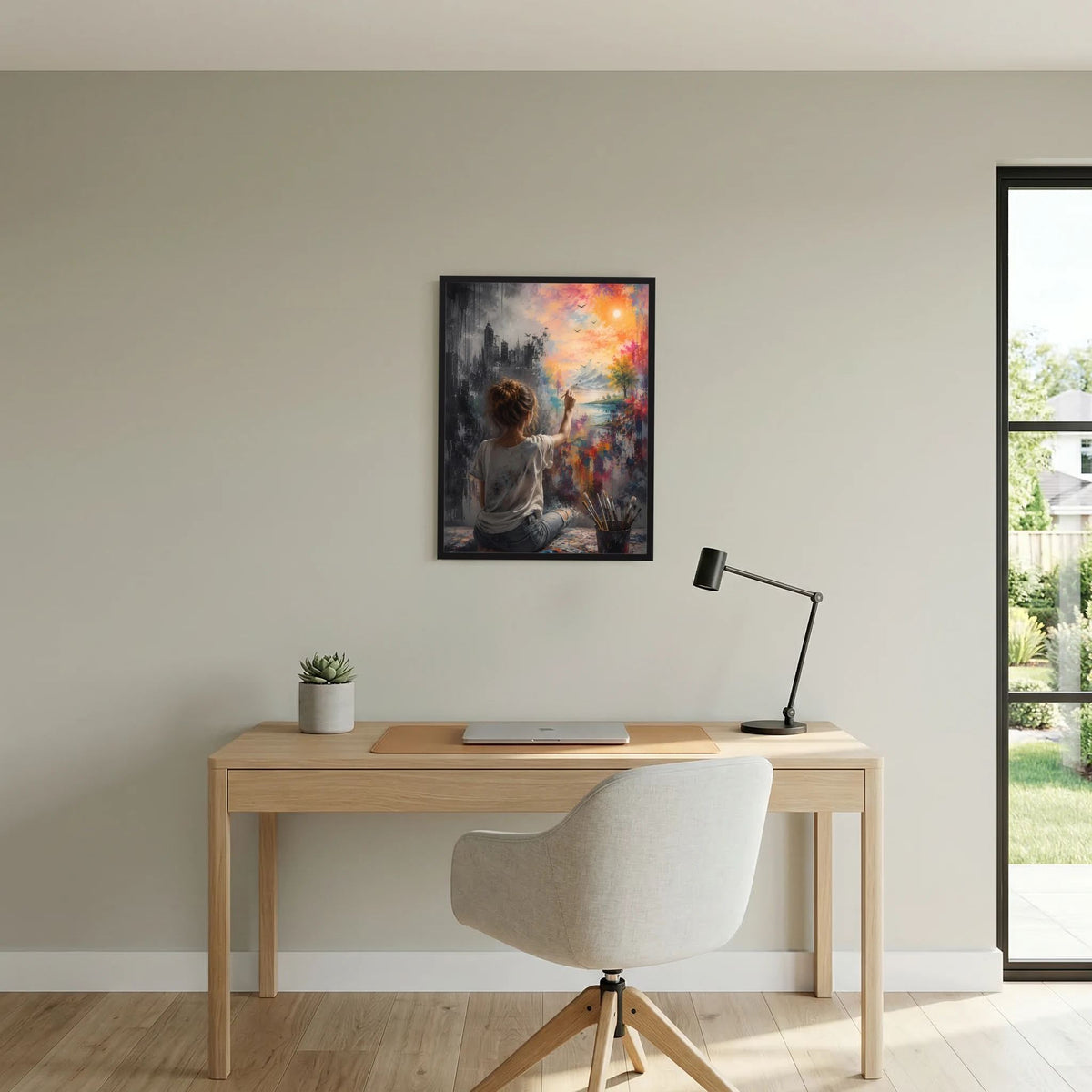 Hochformatposter im schwarzen Rahmen mit sitzender Frau, die Stadt und Natur in Farben verbindet