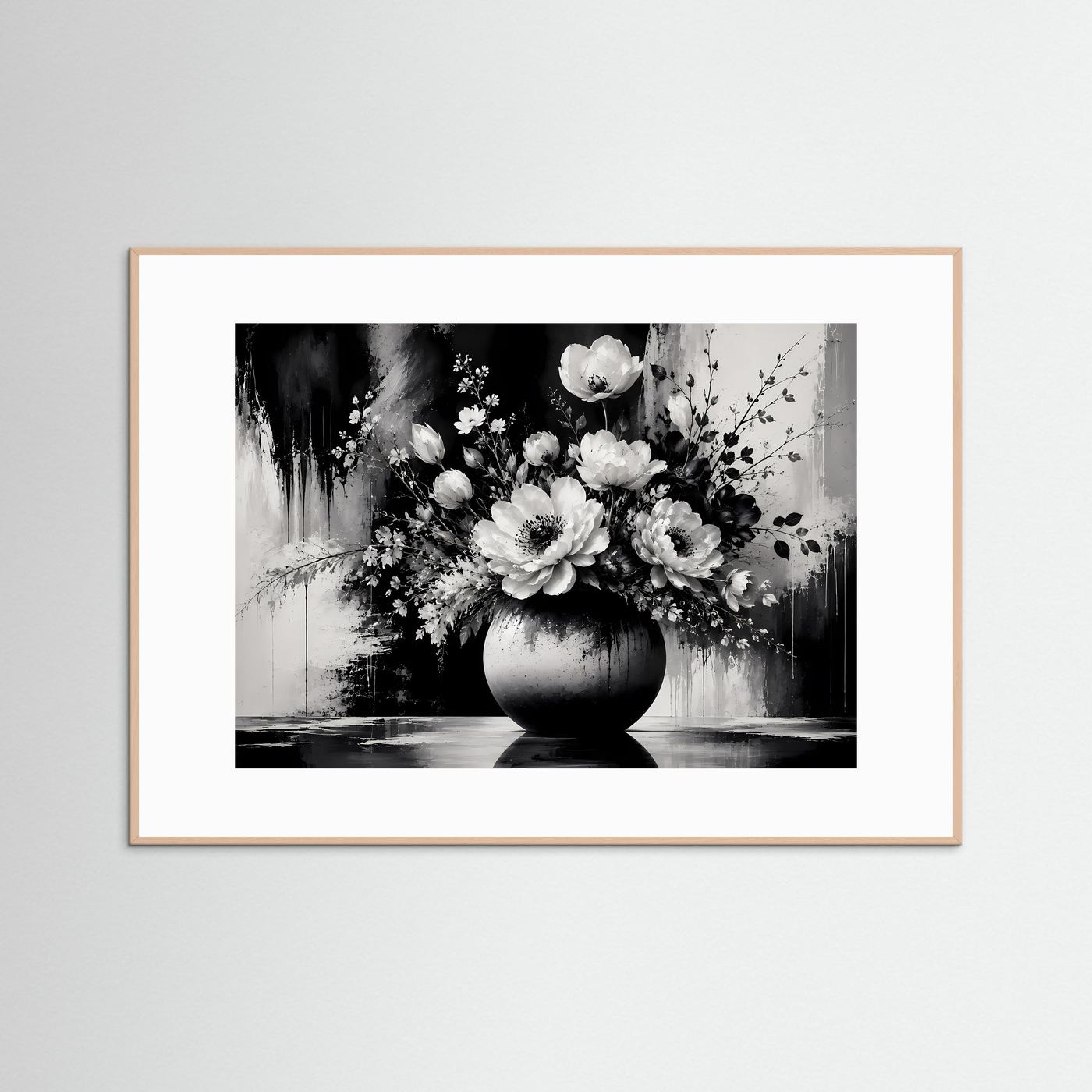 Schwarz Weiß Blumen Poster | Eleganter Blumenstrauß in Vase | Moderne Florale Wandkunst | Monochromes Wandbild