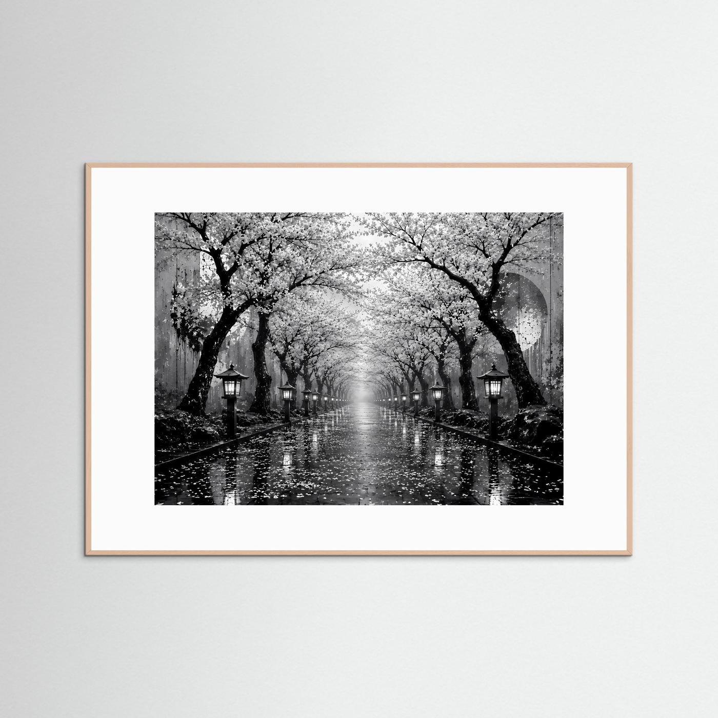 Kirschblütenallee Schwarz-Weiß | Japanisches Wandbild mit Laternen im Regen