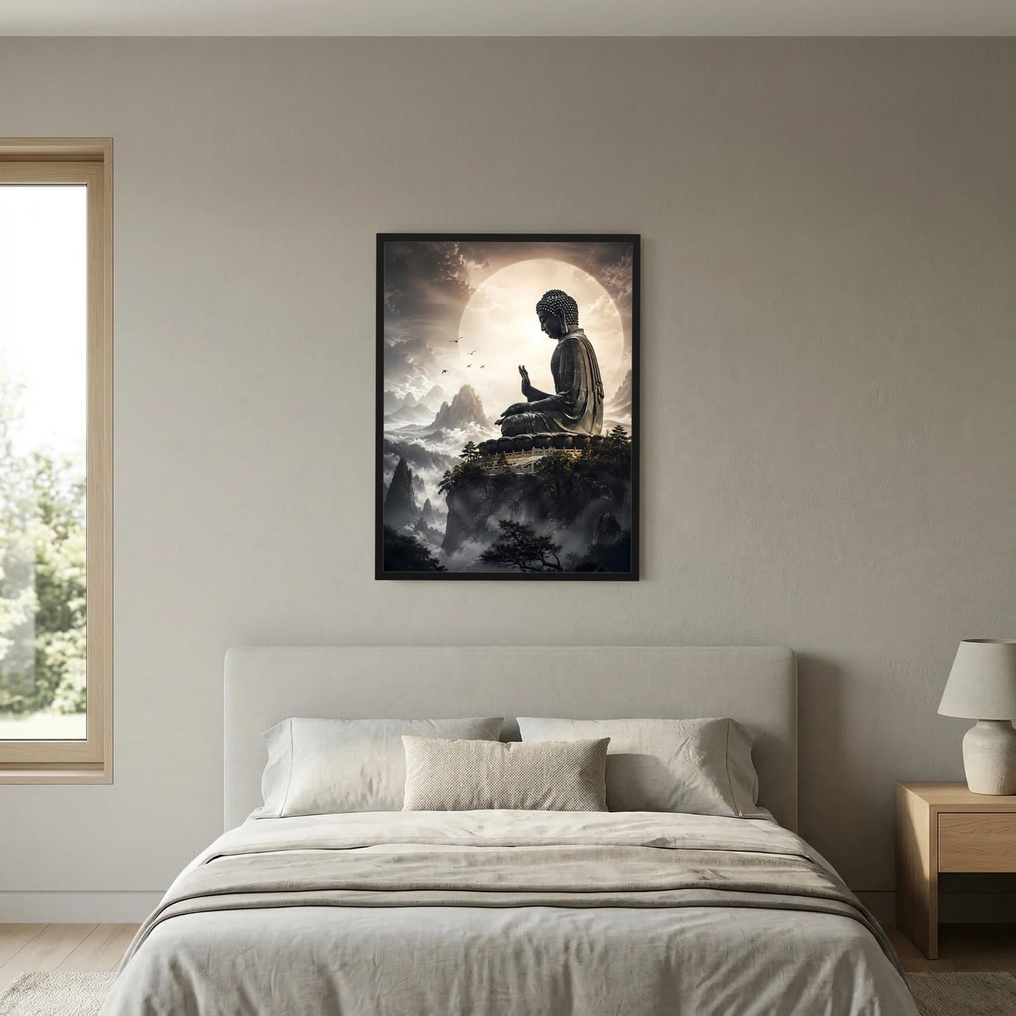 Hochformat-Poster mit sitzender Buddhafigur über Wolken und düsteren Bergkonturen
