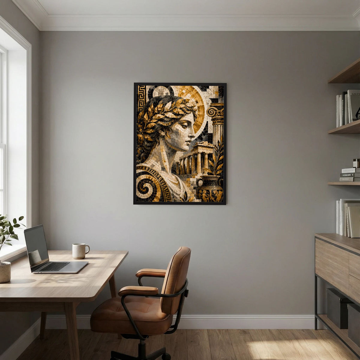 Poster an der Wand: antike Mosaik-Göttin in Gold und Schwarz, quadratischer Rahmen