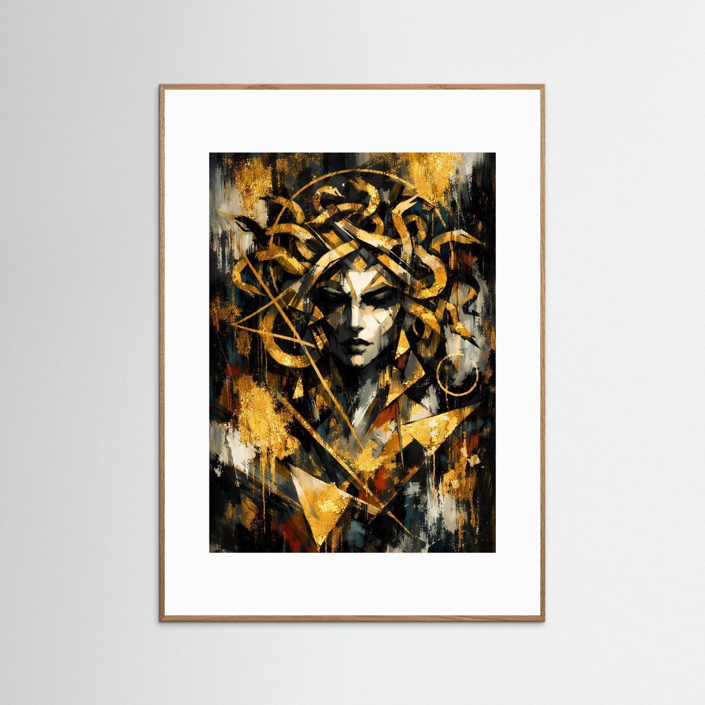 Mythologie-Poster mit Rahmen in Braun, quadratischer Bildausschnitt mit Gold-, Schwarz- und Weißtönen