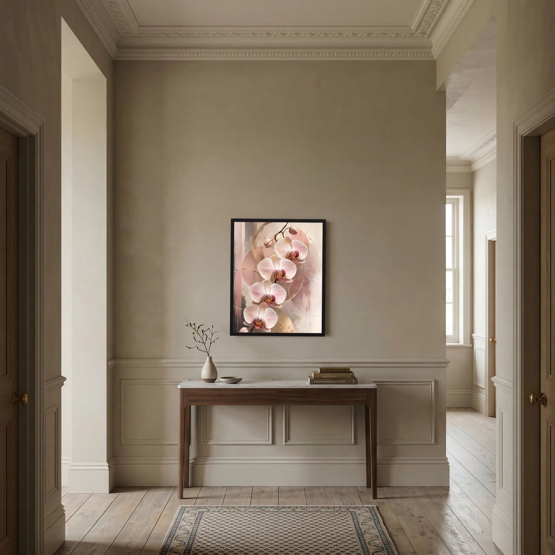 Gerahmtes Orchideen-Poster in Rosé mit Goldakzenten, Hochformat