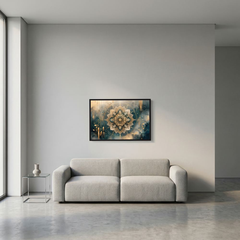 Kleines gerahmtes Poster im Querformat mit goldener Lotus-Mandala-Geometrie auf Petrol