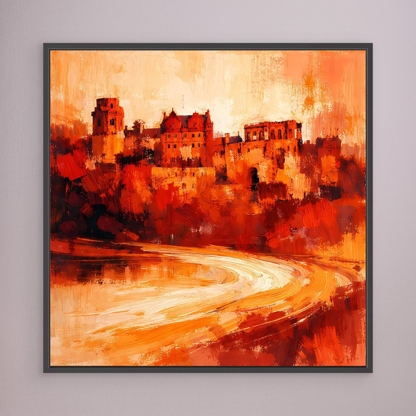 Leinwand Heidelberger Schloss im Abendlicht | Abstraktes Rot‑Ocker Wandbild mit Struktur und Tiefe