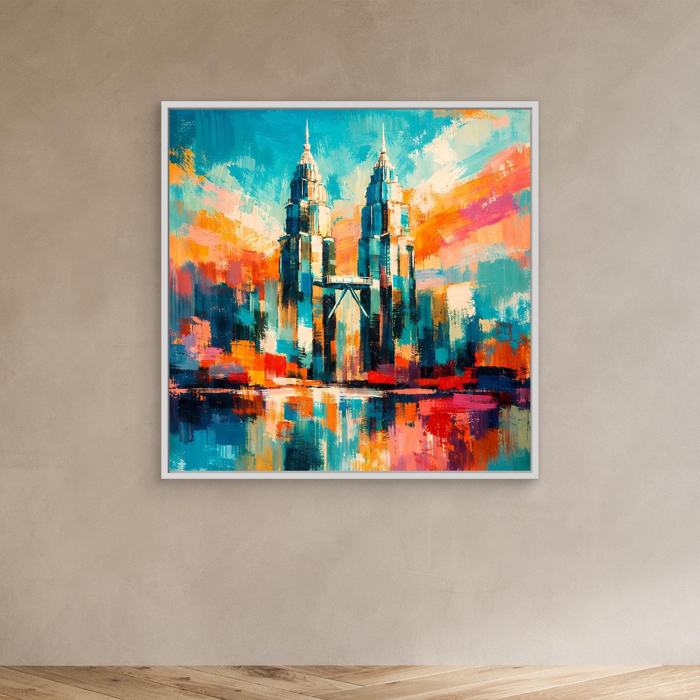 Abstraktes Leinwand-Wandbild mit weißem Rahmen: Petronas-Türme in Blau, Orange und Rot