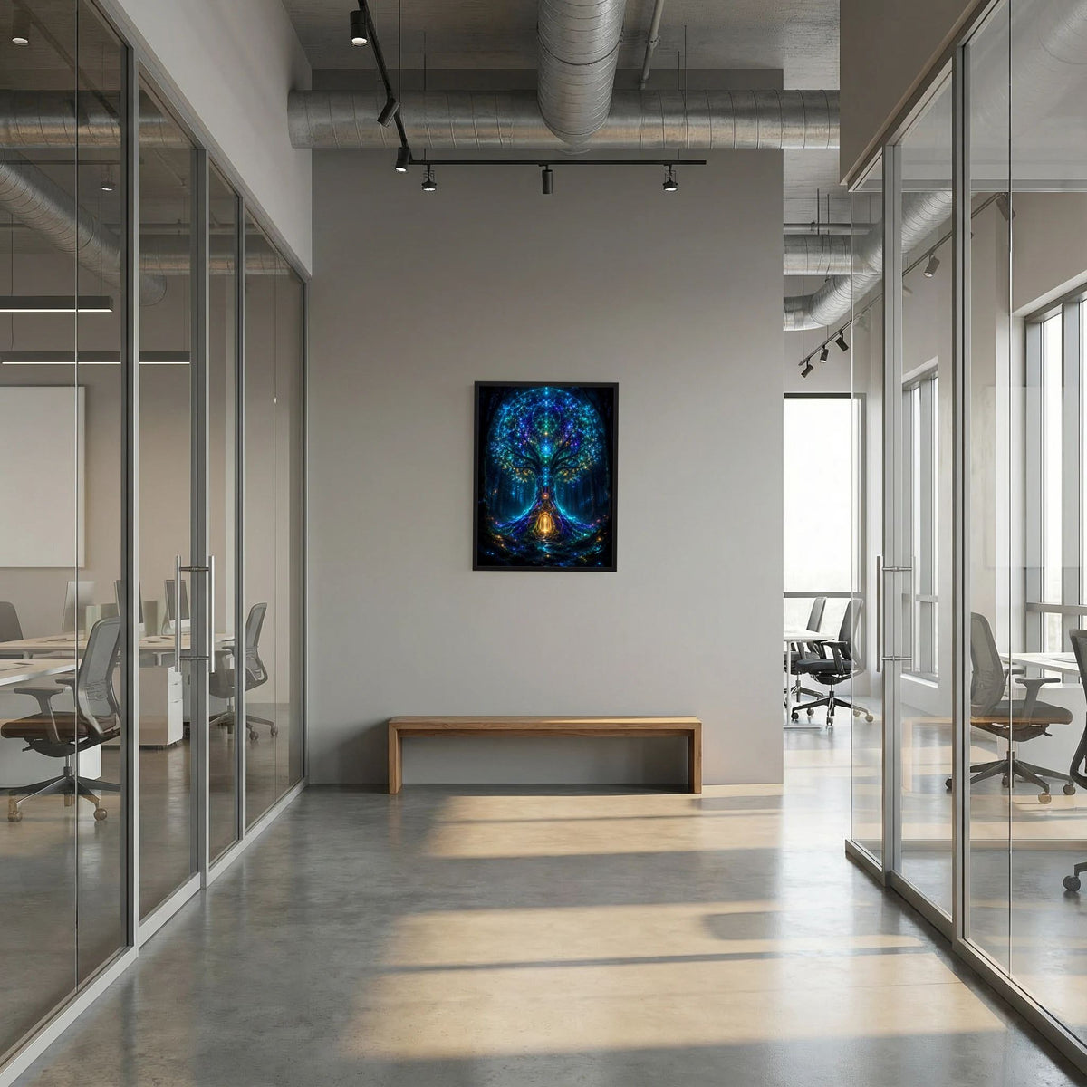 Kleines Poster im Raum: blau leuchtender Baum im Portal, goldenes Licht im Zentrum