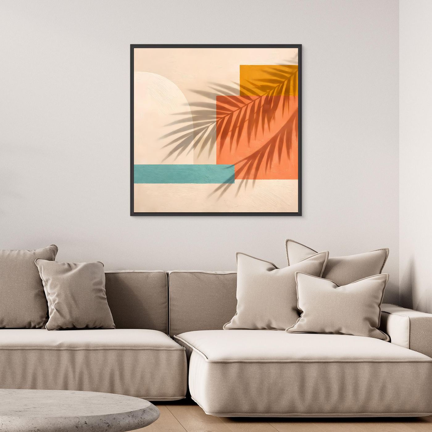 Leinwand Abstrakte Geometrie mit Palmenschatten | Modernes Boho Wandbild Terracotta