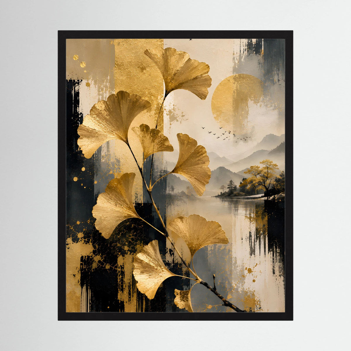 Kunstposter im schwarzen Rahmen mit goldenen Ginkgo-Blättern, Schwarz und Beige, Seeblick