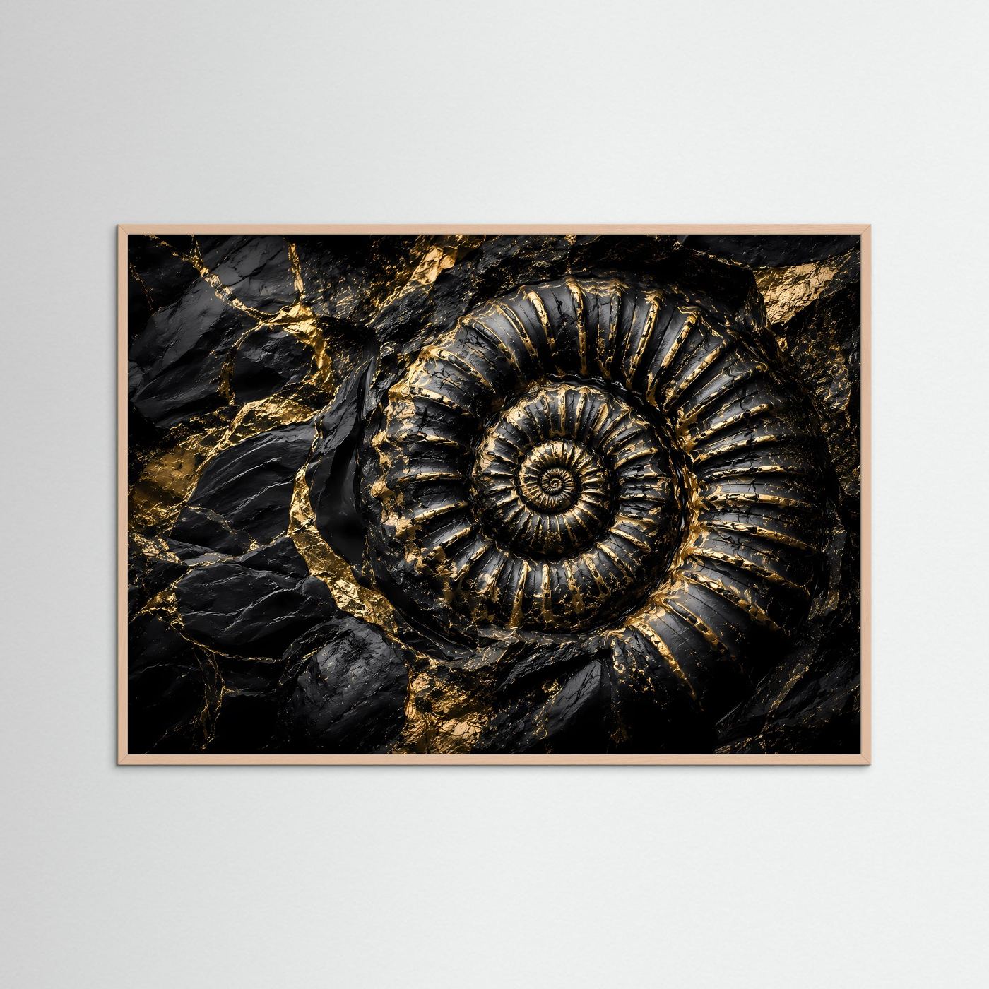 Ammonit Fossil Wandbild | Schwarz Gold Kunst | Geologie Poster | Luxus Leinwand | Prähistorische Natur Wanddeko | Moderne Wall Art