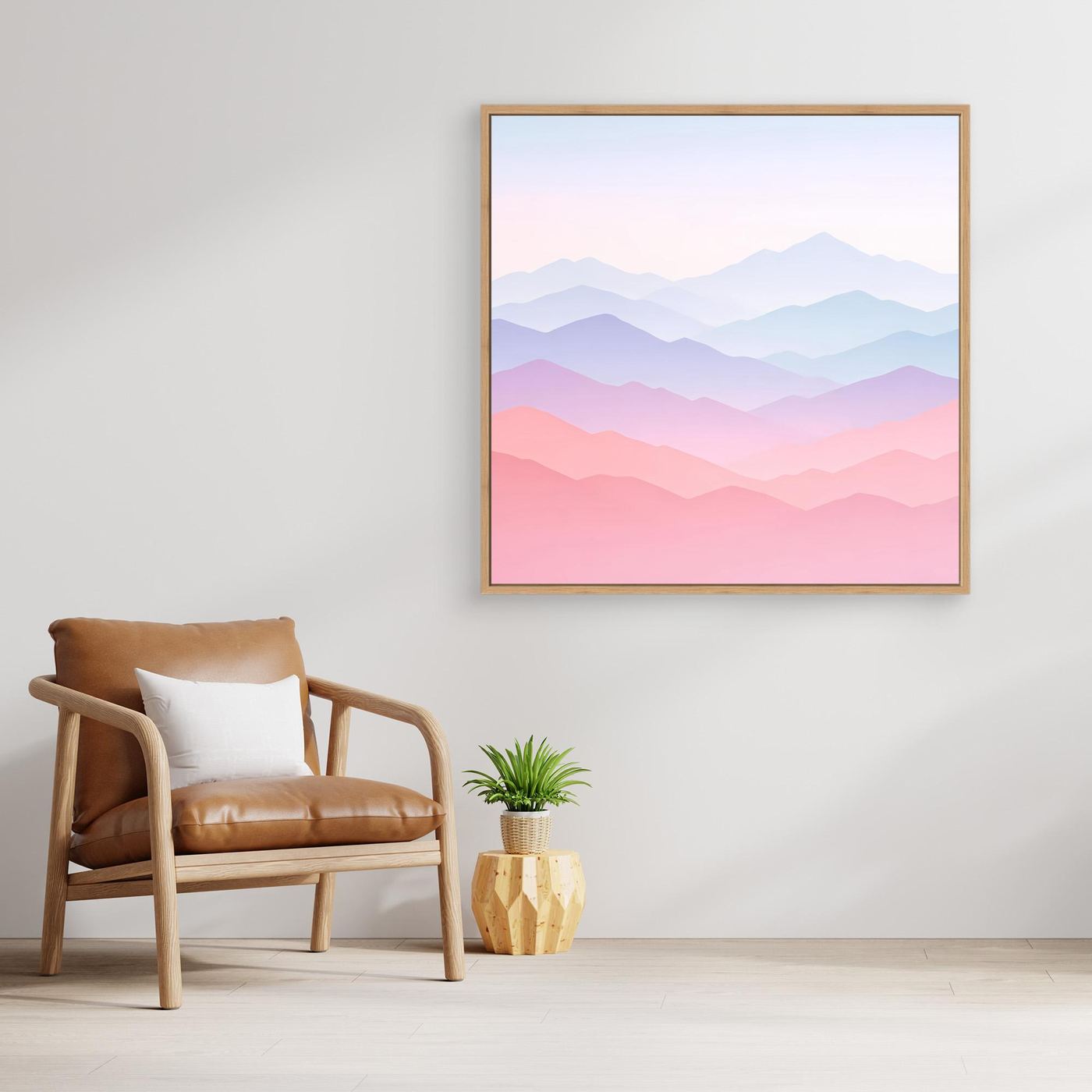 Leinwandbild mit pastellfarbenem Bergpanorama im Eichenrahmen
