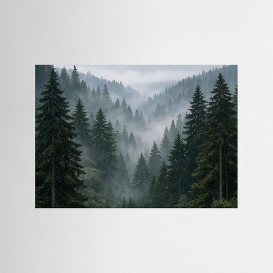 Wandbild mit Tannenwald im Nebel, ohne erkennbaren Rahmen