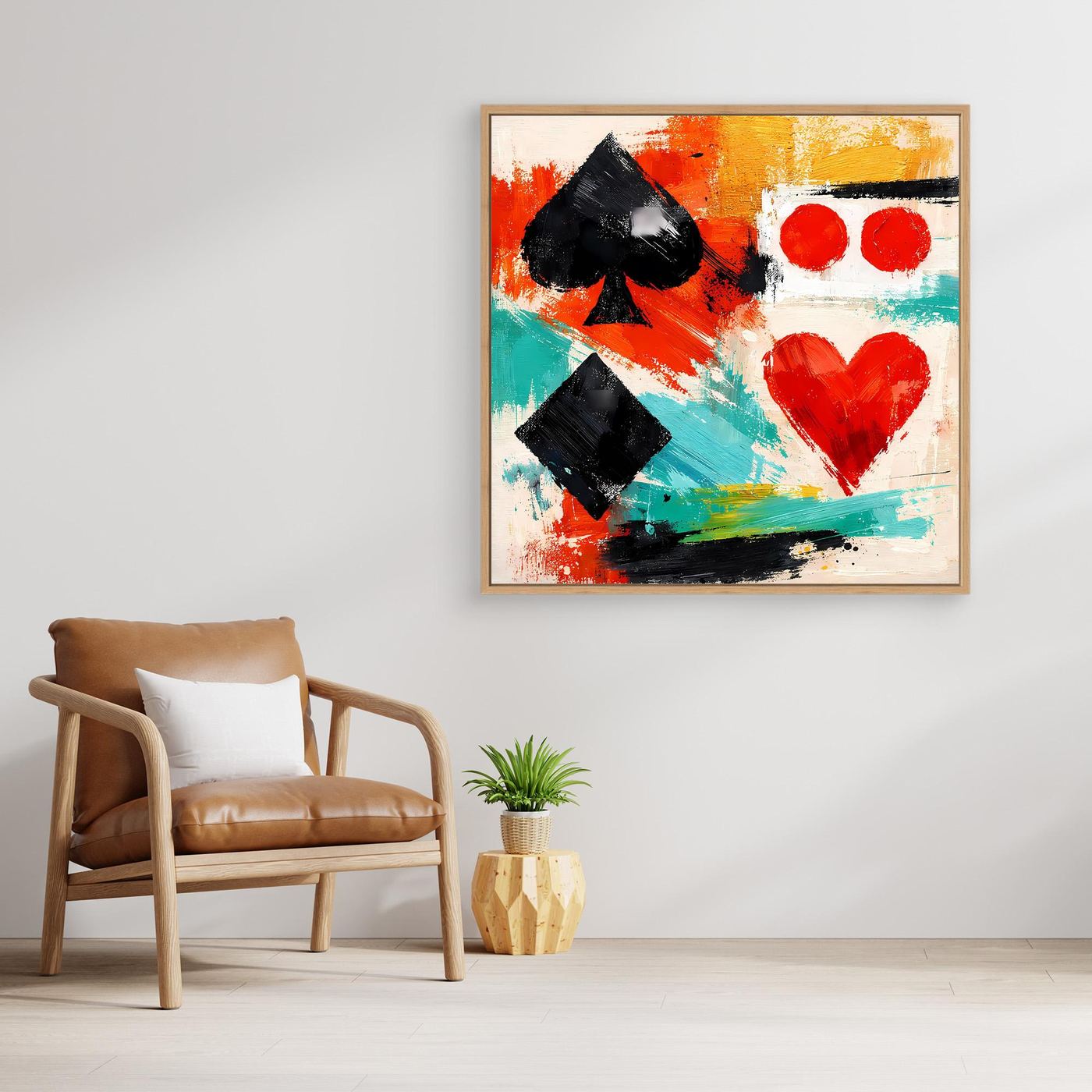 Abstract canvas wall art with spade and heart shapes in red and teal, light wood framed.