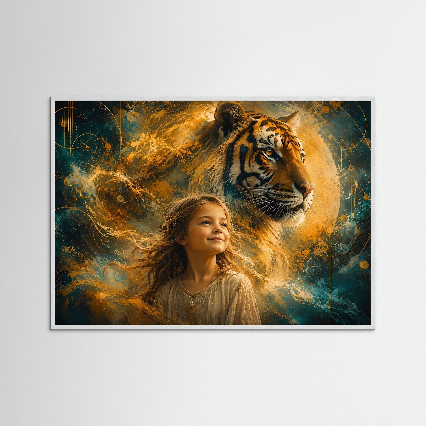 Mädchen mit Tiger | Abstraktes Schutz & Stärke Wandbild