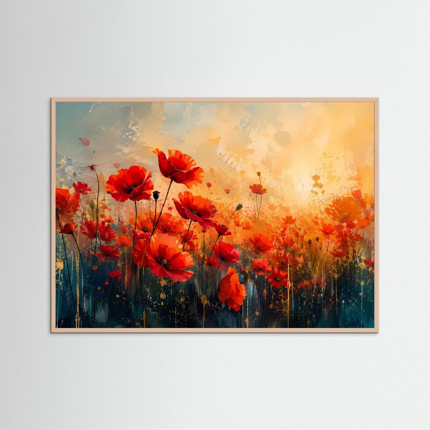 Leuchtendes Mohnblumenfeld Poster | Abstrakte Mohnblumen in Rot Gold Modernes Blumen Wandbild Querformat