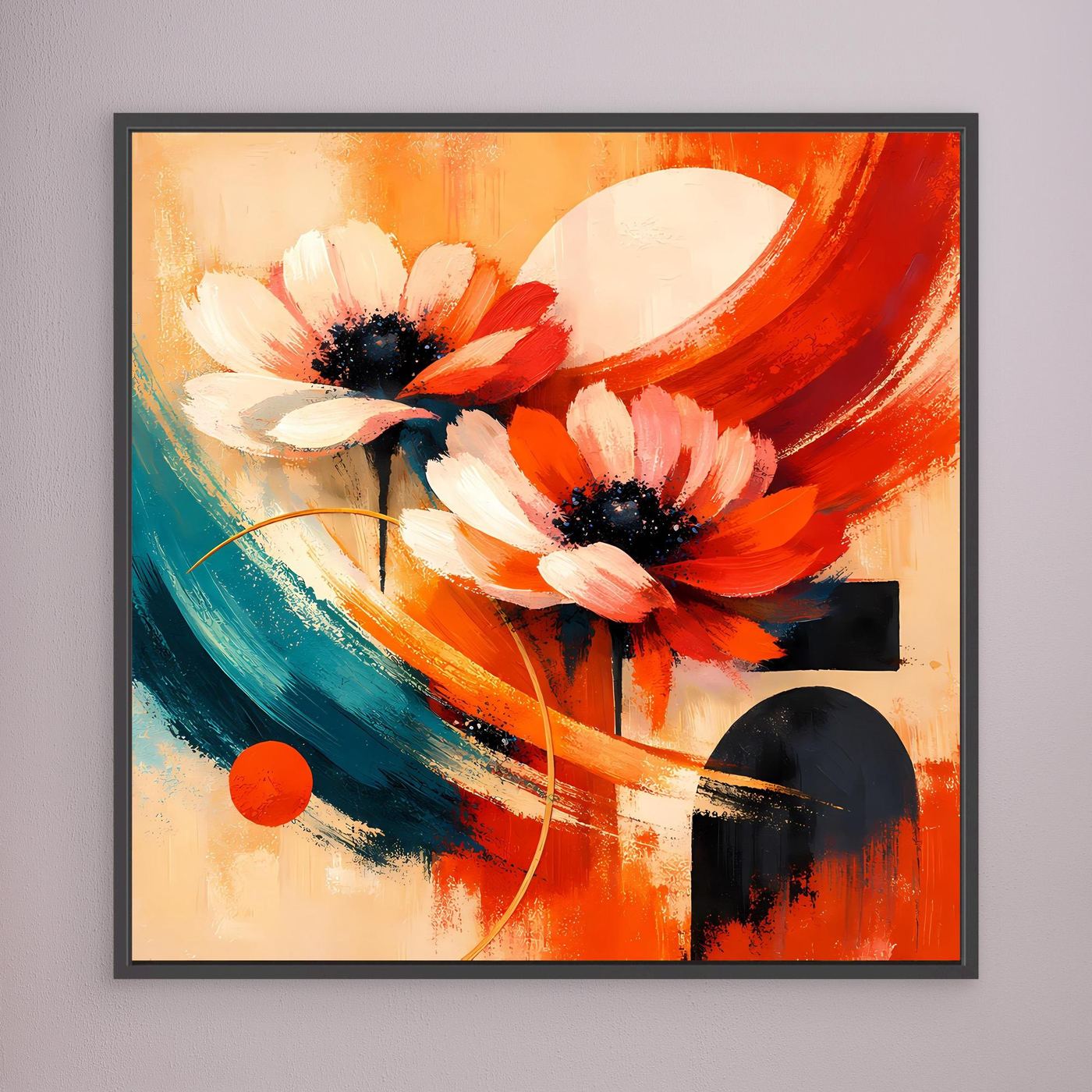 Leinwandbild mit abstrakten Anemonen: Orange, Rot, Türkis, schwarzer Rahmen