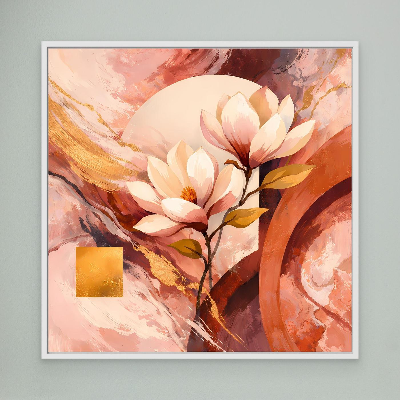 Gerahmtes Leinwandbild: Magnolienblüten in Rosé, abstrakte Striche, goldener Akzent; weiß