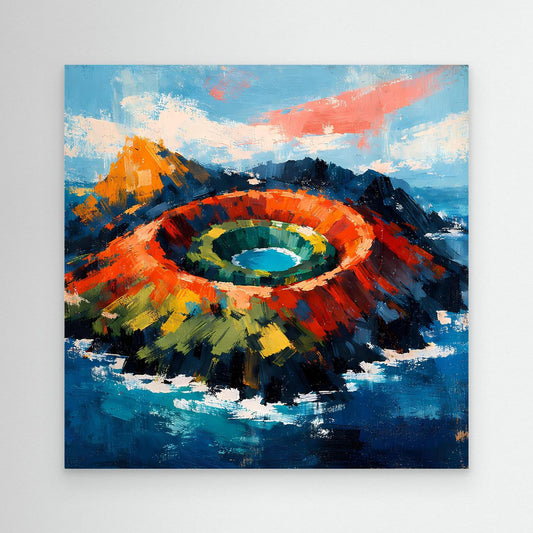 Abstraktes Leinwand-Wandbild mit Vulkankrater im Meer, farbige Pinselstriche
