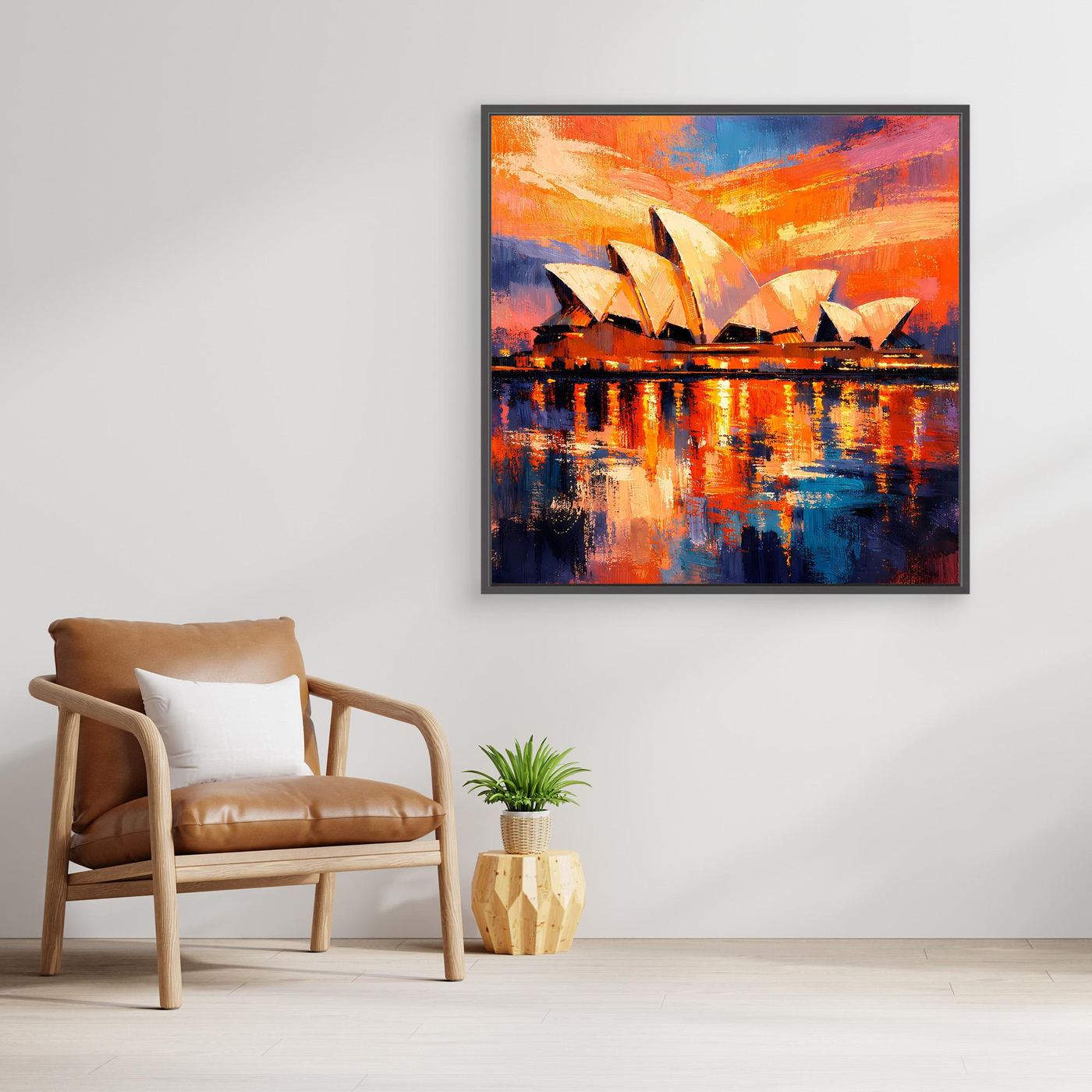 Gerahmtes Wandbild mit abstrakter Darstellung der Sydney Opera House bei Sonnenuntergang, Spiegelungen