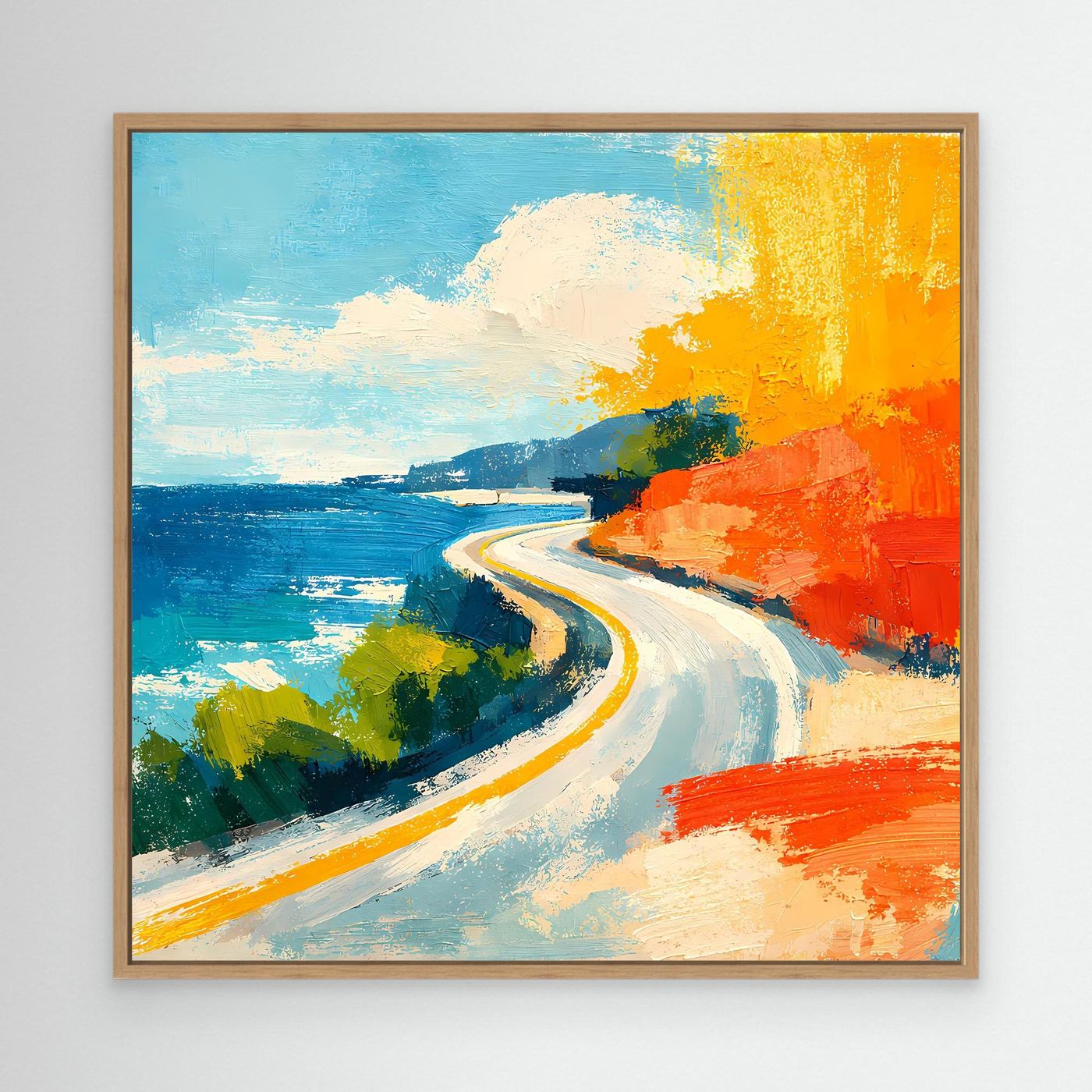 Abstract coastal street wall art with oak frame; curving road, blue sea, orange and yellow