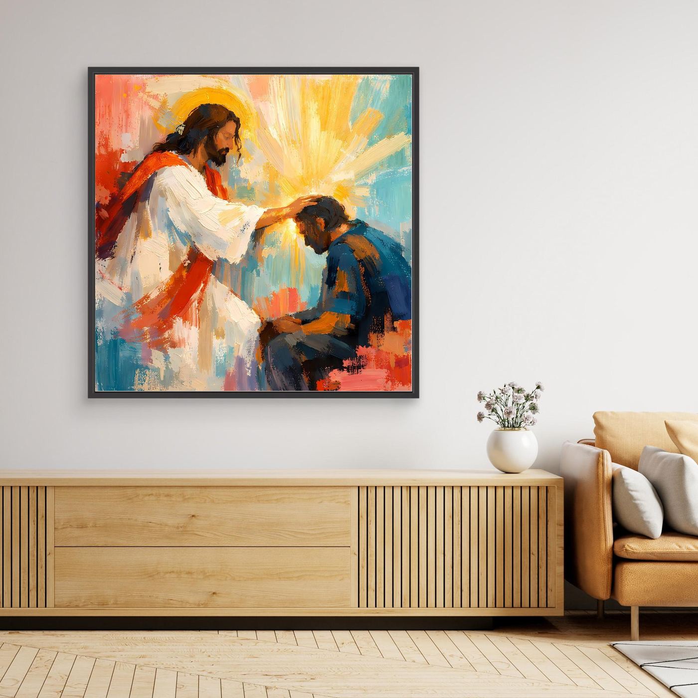 Framed canvas wall art of Jesus blessing a kneeling man, bright abstract paint, black frame