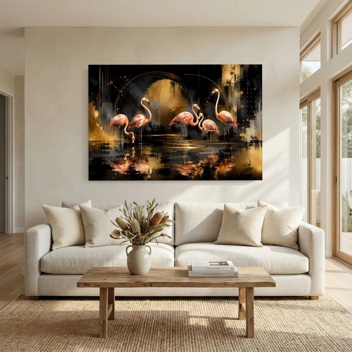 Querformat-Poster mit abstrakten Flamingos in Rosa, Schwarz und Gold, leuchtende Akzentlinien