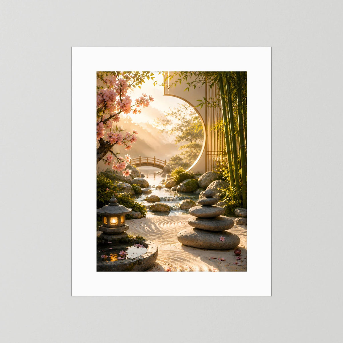 Hochformat-Poster Zen-Garten ohne Rahmen: Bambus, Kirschblüten, Steinweg und Laterne