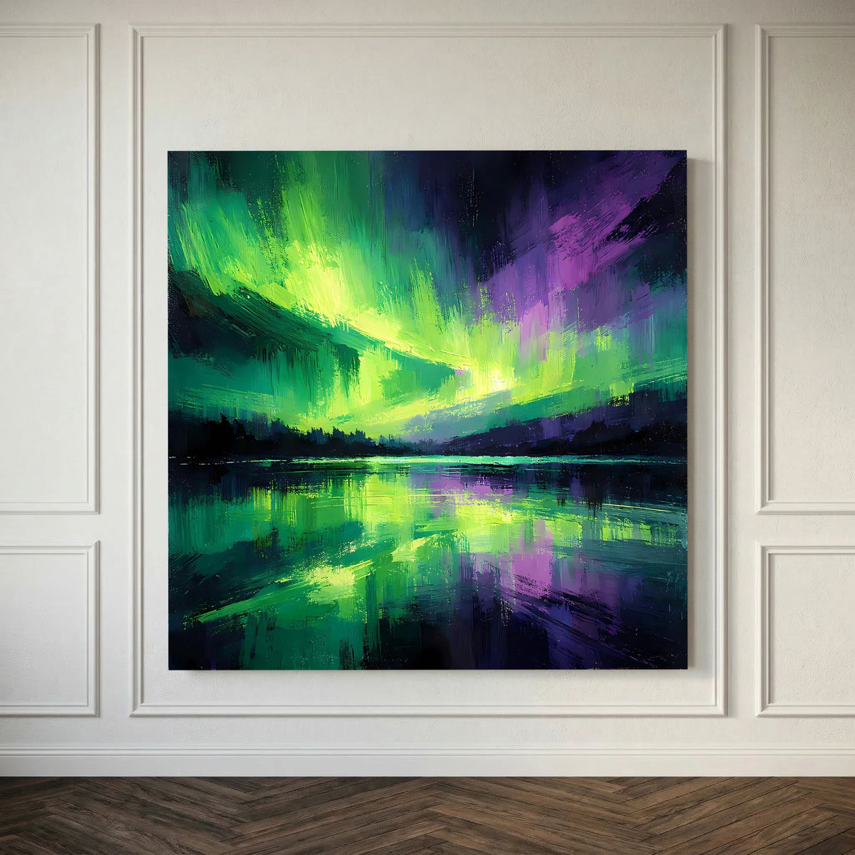Gerahmtes Leinwandbild mit abstraktem Polarlicht: Grün, Lila und Reflexion in dunklem See