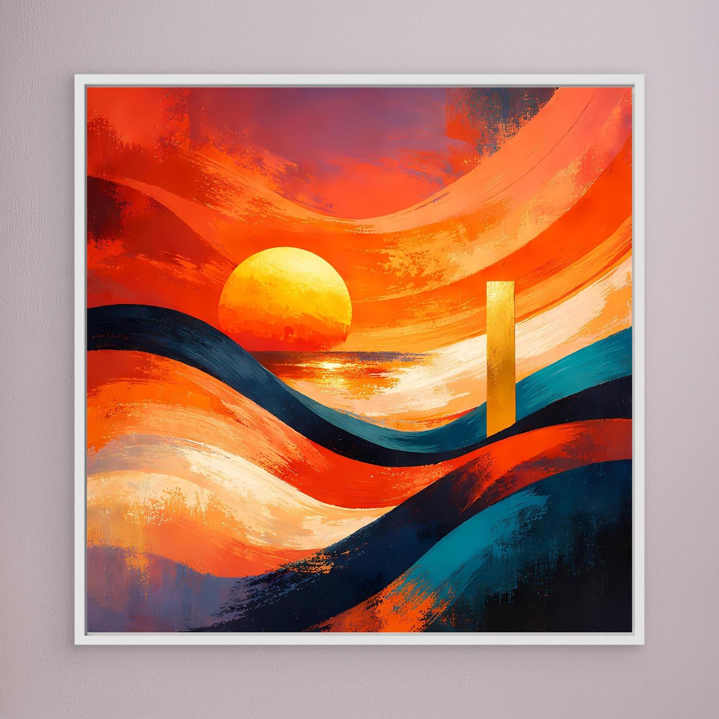 Leinwandbild mit abstraktem Sonnenuntergang: gelbe Sonne, dynamische Wellen in Orange und Blau, weißer Rahmen