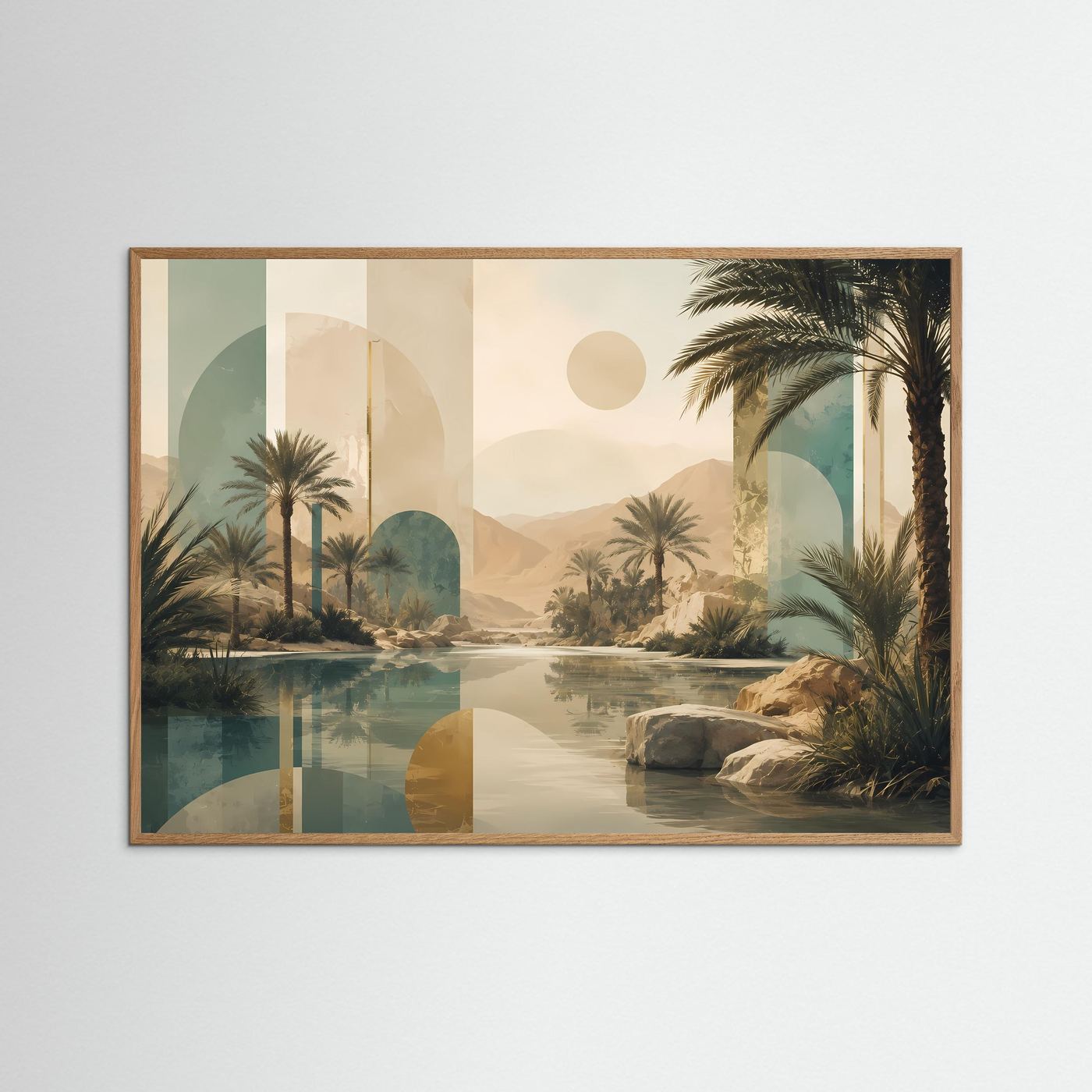 Abstraktes Wandbild mit Palmen und Wüstenlandschaft in Beige/Türkis, heller Holzrahmen