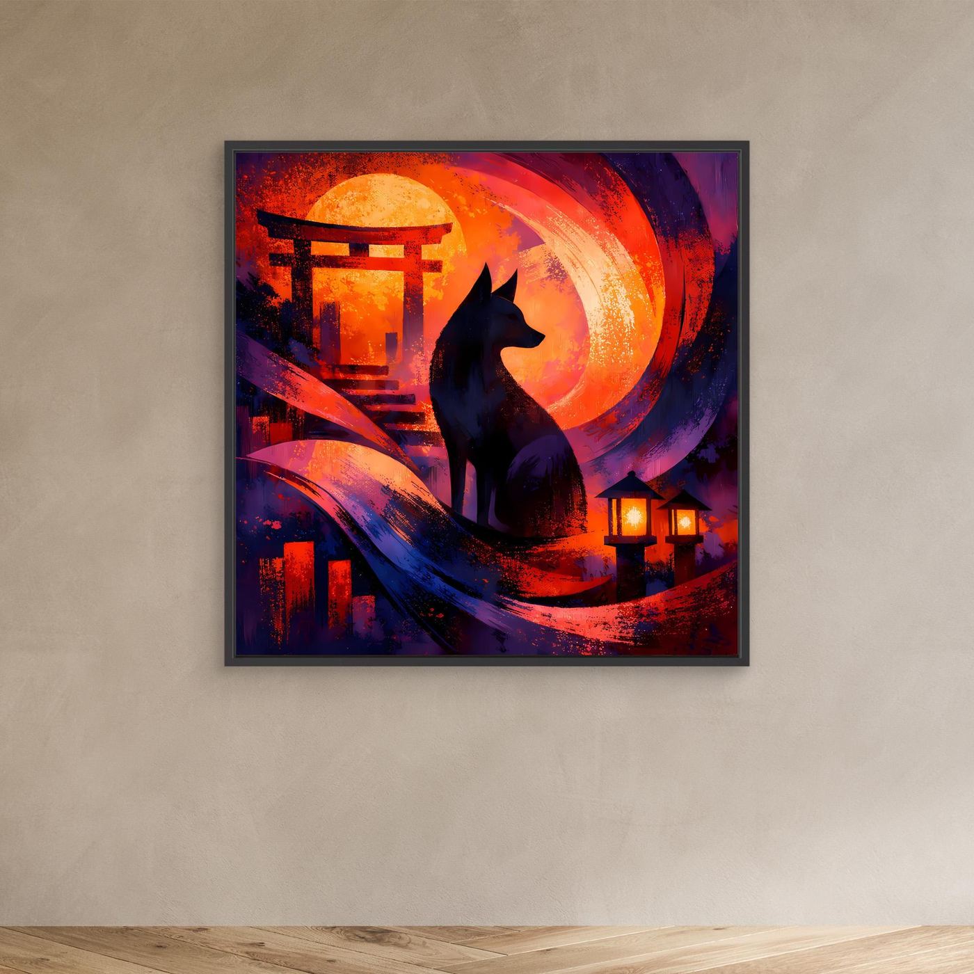 Abstraktes Leinwand-Wandbild mit schwarzem Rahmen: Kitsune vor Torii, Mondsichel, Laternen