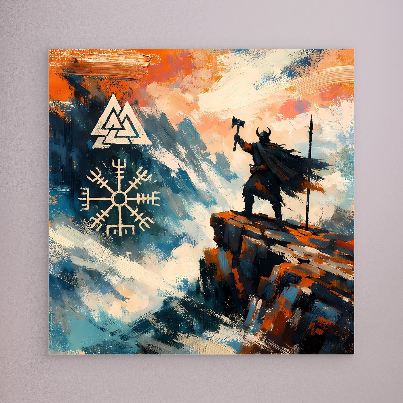 Abstraktes Leinwand-Wandbild mit Vegvisir-Symbol und Wikingerkrieger, ungerahmt