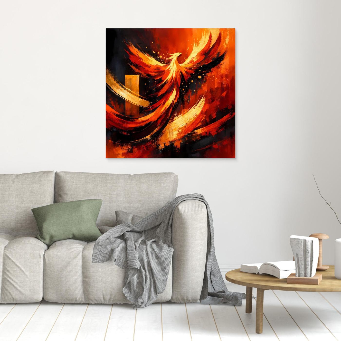 Wandbild mit Leinwandmotiv „Phönix aus der Asche“ in Rot und Schwarz, kleines Format an der Wand