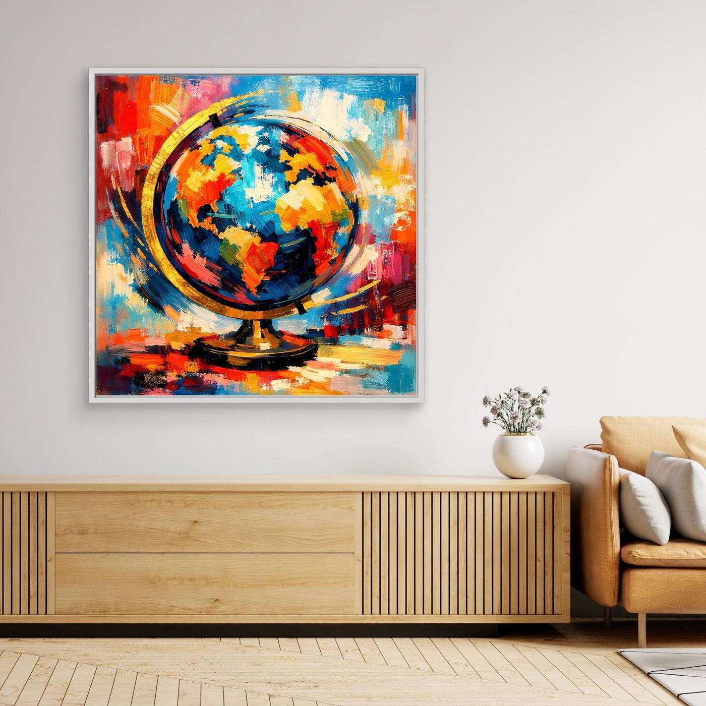 Buntes Leinwandbild mit Globus-Weltkarte und Pop-Art-Farben, schwarzer Rahmen