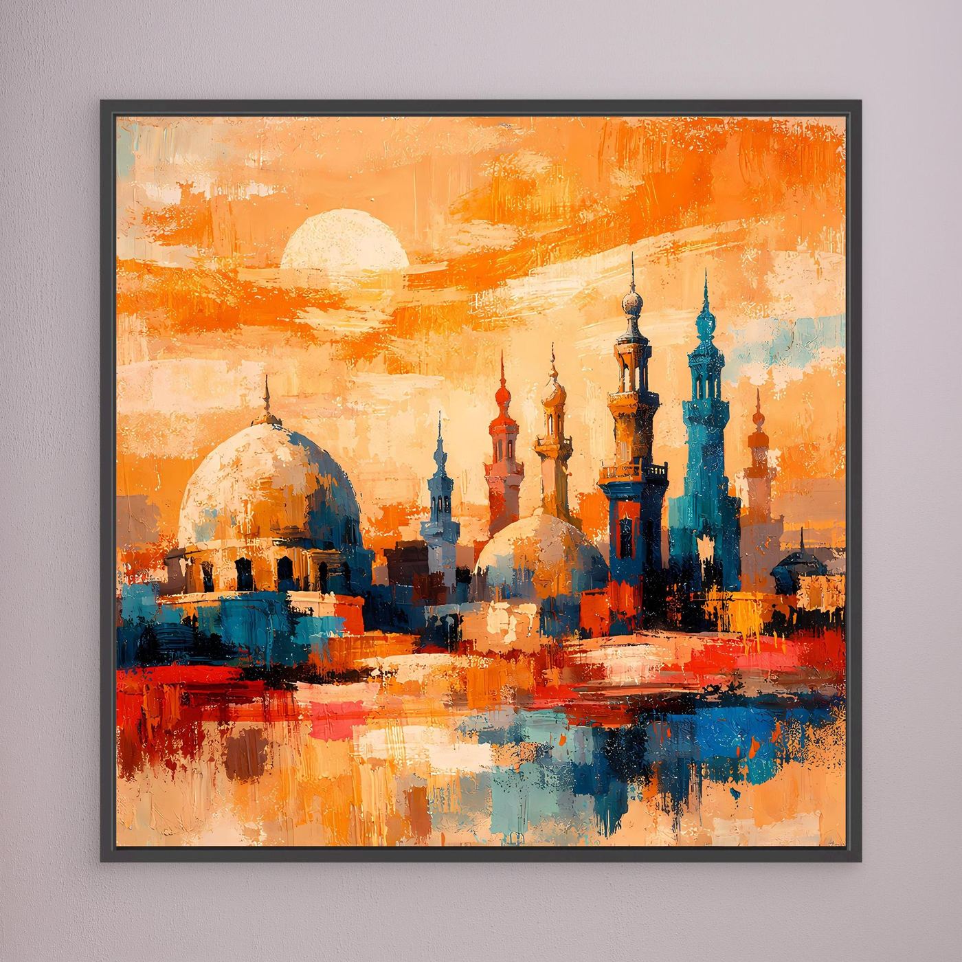 Leinwandbild mit abstrakter Skyline und Minaretten im Sonnenuntergang, schwarz gerahmt