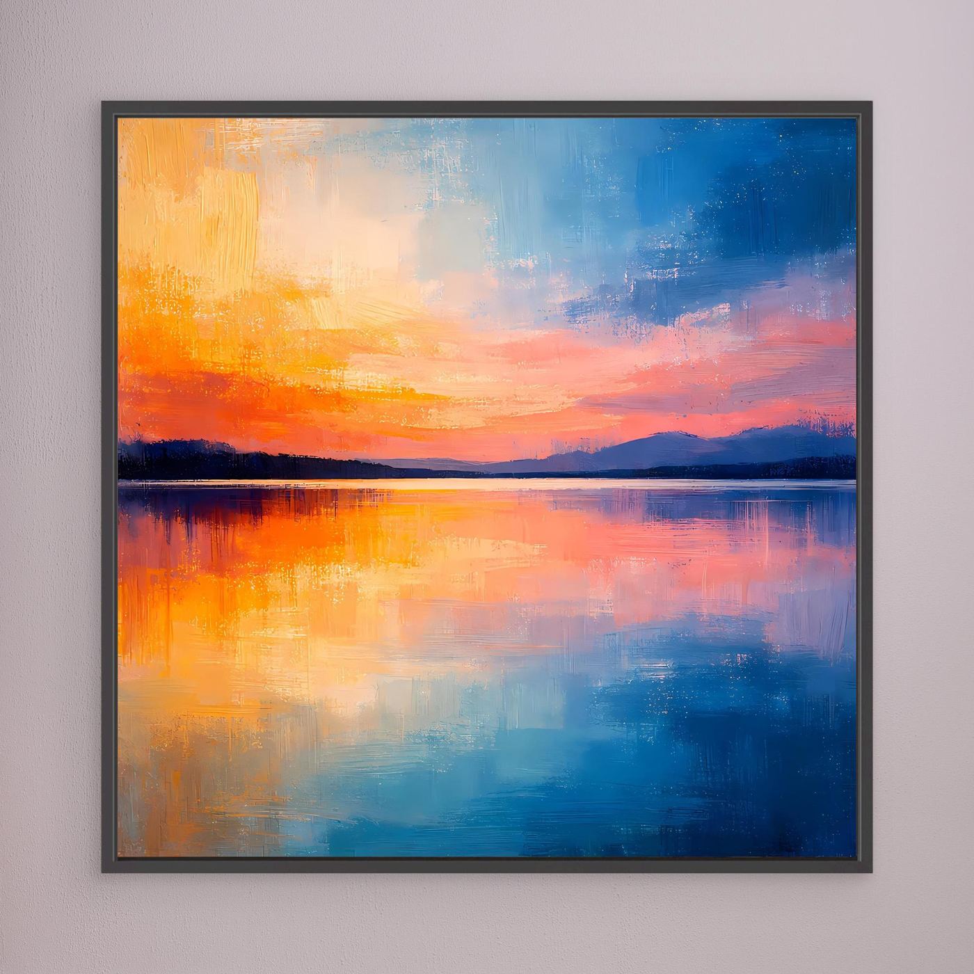 Abstraktes Wandbild: See bei Sonnenuntergang, blau-orange, mit schwarzem Rahmen