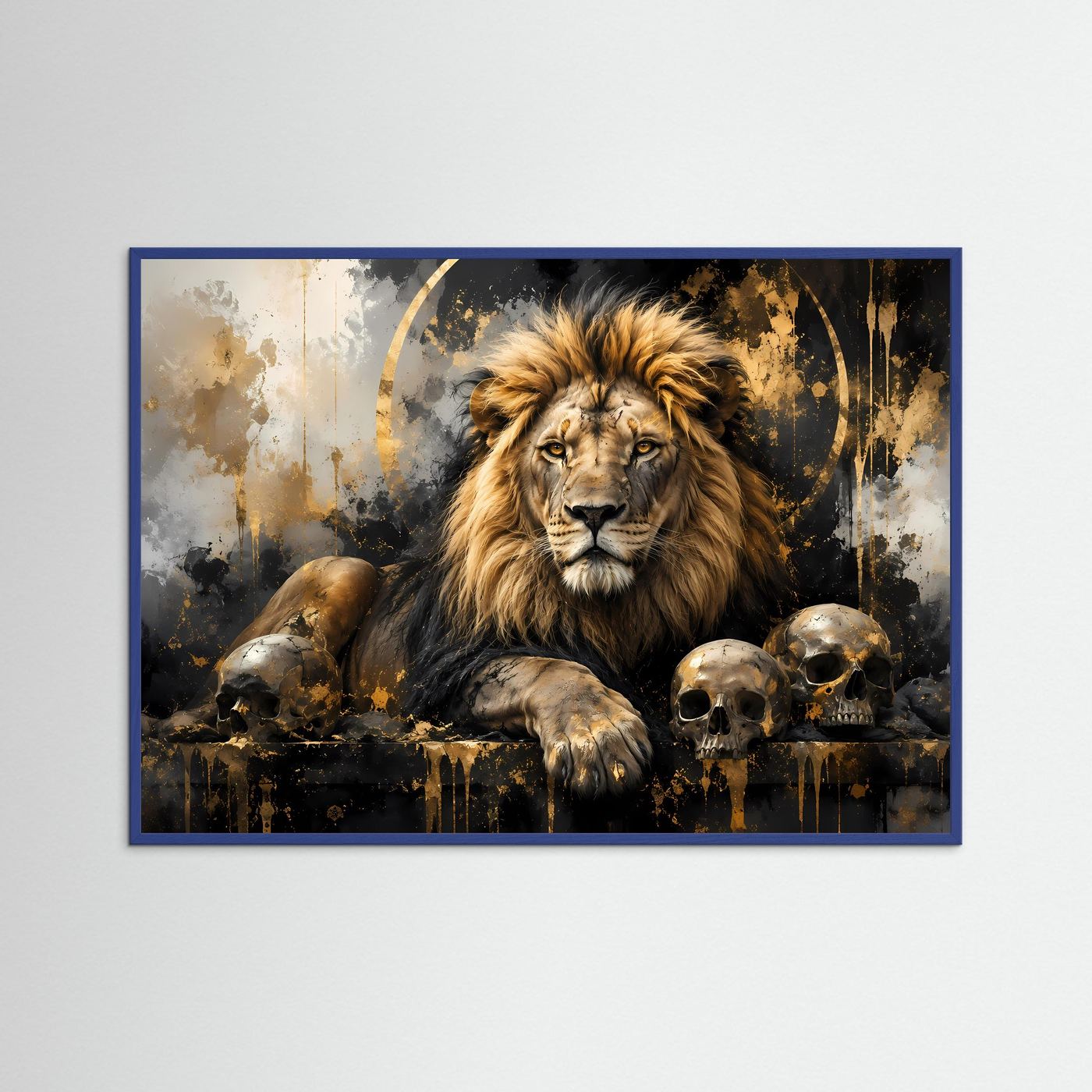 Löwe Poster mit Totenköpfen | Abstrakte Schwarz Gold Löwen Wandkunst | Majestätischer Lion Kunstdruck Modern