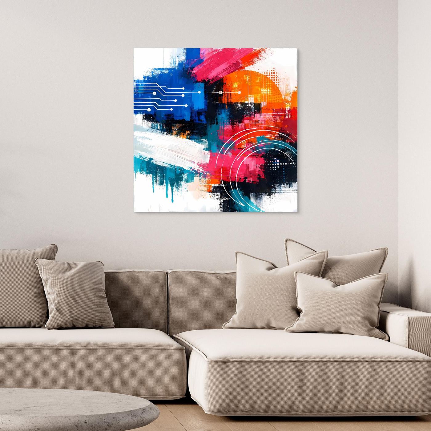 Abstract canvas wall art with blue, red, orange, and black geometric strokes